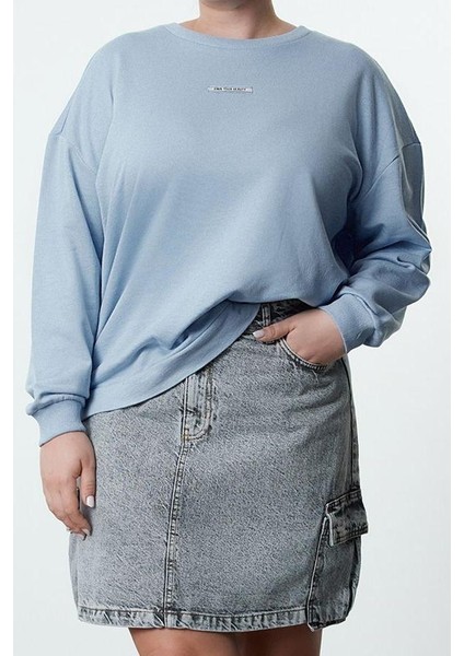 Kadın Büyük Beden Moda Şık Oversize Bisiklet Yaka Düşük Kol Regular Mavi Içi Polarlı Örme Sweatshirt
