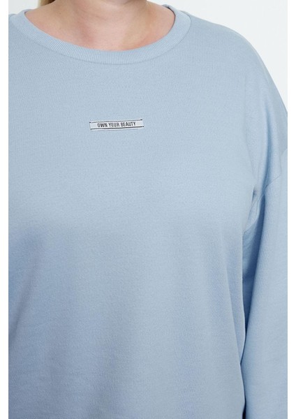 Kadın Büyük Beden Moda Şık Oversize Bisiklet Yaka Düşük Kol Regular Mavi Içi Polarlı Örme Sweatshirt
