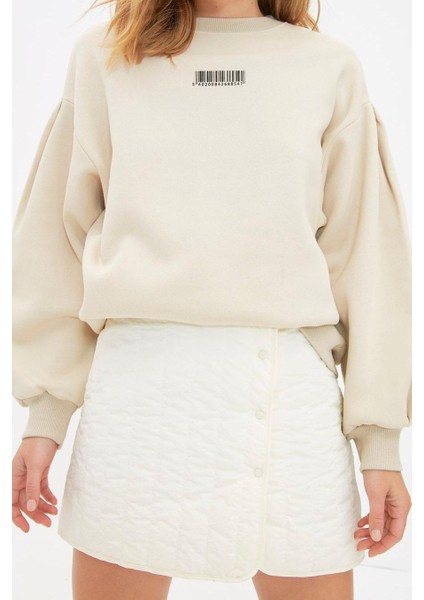 Kadın Bisiklet Yaka Balon Kol Kalın Içi Polarlı Minimal Baskılı Balon Kol Örme Sweatshirt