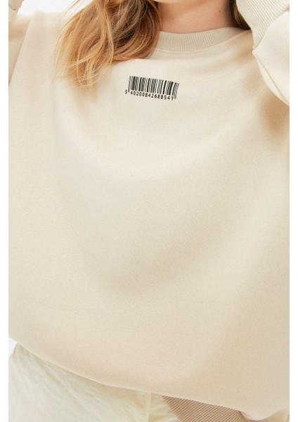 Kadın Bisiklet Yaka Balon Kol Kalın Içi Polarlı Minimal Baskılı Balon Kol Örme Sweatshirt fiyatları