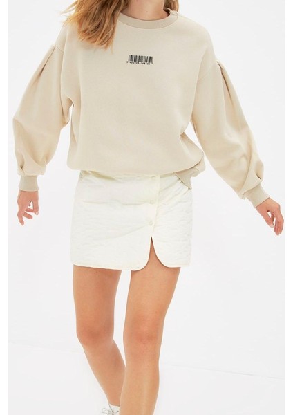 Kadın Bisiklet Yaka Balon Kol Kalın Içi Polarlı Minimal Baskılı Balon Kol Örme Sweatshirt modelleri