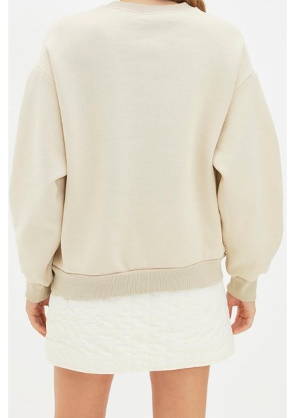 Kadın Bisiklet Yaka Balon Kol Kalın Içi Polarlı Minimal Baskılı Balon Kol Örme Sweatshirt indirimleri