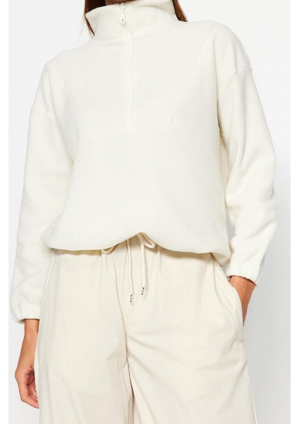 Kadın Moda Şık Regular Fermuarlı Yaka Düşük Kol Regular Fermuar Detaylı Polar Örme Sweatshirt
