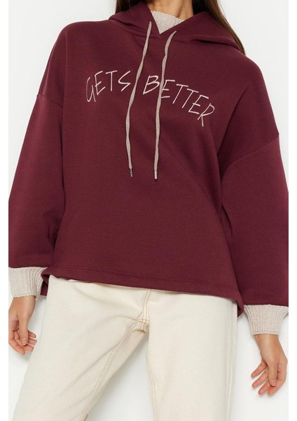 Kadın Moda Şık Relaxed Kapüşonlu Düşük Kol Uzun Fit Örme Sweatshirt