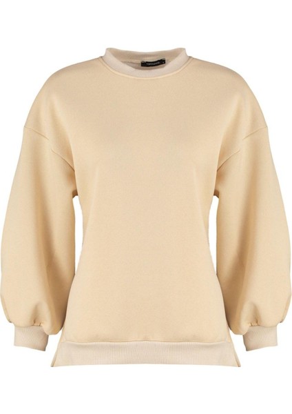 Kadın Oversize Bisiklet Yaka Düşük Kol Uzun Geniş Kalıp Yırtmaç Kalın Içi Polarlı Örme Sweatshirt