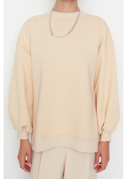 Kadın Oversize Bisiklet Yaka Düşük Kol Uzun Geniş Kalıp Yırtmaç Kalın Içi Polarlı Örme Sweatshirt