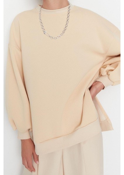 Kadın Oversize Bisiklet Yaka Düşük Kol Uzun Geniş Kalıp Yırtmaç Kalın Içi Polarlı Örme Sweatshirt