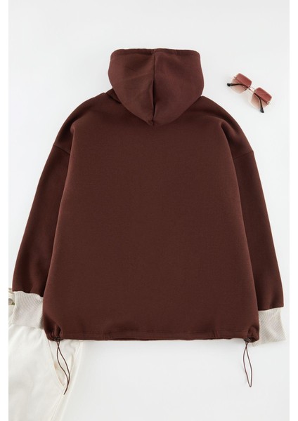 Kadın Büyük Beden Moda Şık Relaxed Kapüşonlu Düşük Kol Regular Örme Sweatshirt