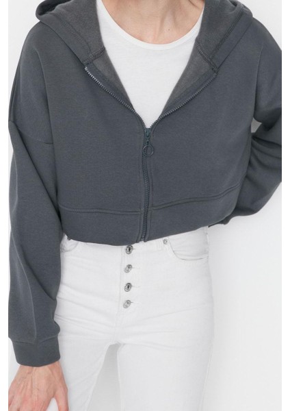 Kadın Moda Relaxed Kapüşonlu Düşük Kol Crop Basic Fermuarlı Crop Kalın Içi Polarlı Örme Sweatshirt