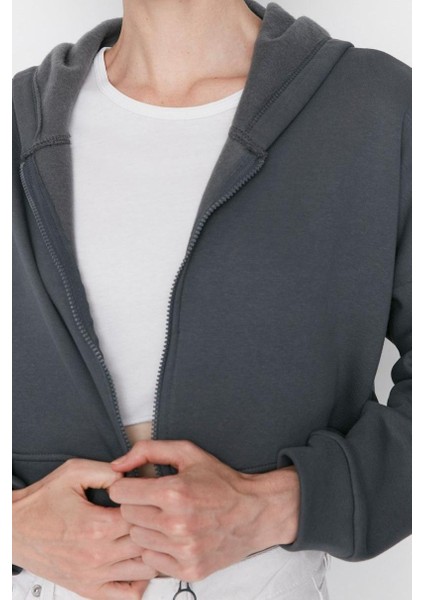 Kadın Moda Relaxed Kapüşonlu Düşük Kol Crop Basic Fermuarlı Crop Kalın Içi Polarlı Örme Sweatshirt fiyatları