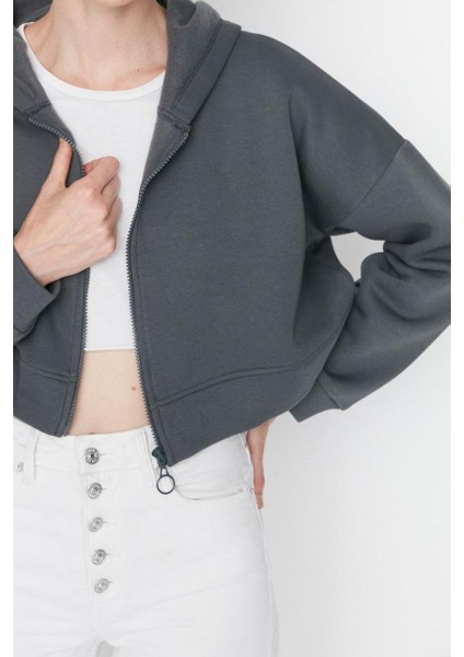 Kadın Moda Relaxed Kapüşonlu Düşük Kol Crop Basic Fermuarlı Crop Kalın Içi Polarlı Örme Sweatshirt modelleri