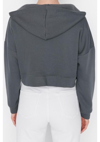 Kadın Moda Relaxed Kapüşonlu Düşük Kol Crop Basic Fermuarlı Crop Kalın Içi Polarlı Örme Sweatshirt indirimleri