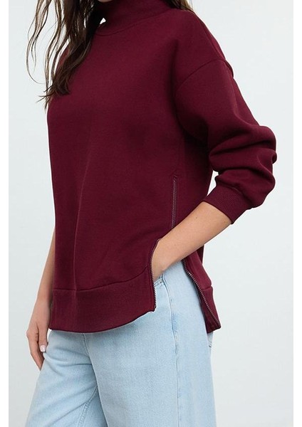 Kadın Moda Oversize Dik Yaka Düşük Kol Uzun Geniş Kalıp Fermuarlı Kalın Içi Polarlı Örme Sweatshirt