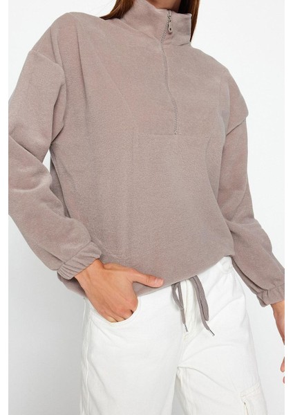 Kadın Moda Şık Regular Fermuarlı Yaka Düşük Kol Regular Fermuar Detaylı Örme Sweatshirt fiyatları