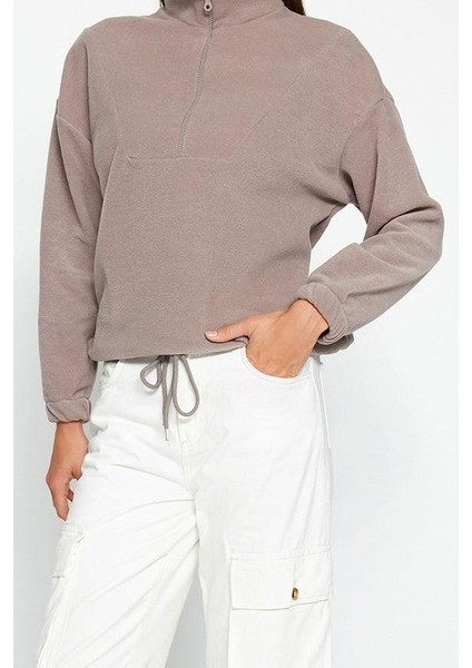 Kadın Moda Şık Regular Fermuarlı Yaka Düşük Kol Regular Fermuar Detaylı Örme Sweatshirt modelleri