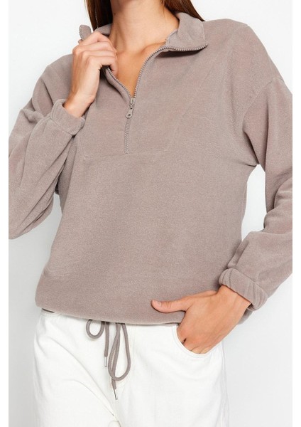 Kadın Moda Şık Regular Fermuarlı Yaka Düşük Kol Regular Fermuar Detaylı Örme Sweatshirt fırsatları