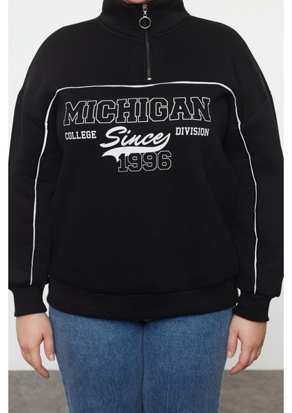 Kadın Büyük Beden Oversize Fermuarlı Yaka Düşük Kol Baskılı Geniş Kalın Polarlı Örme Sweatshirt