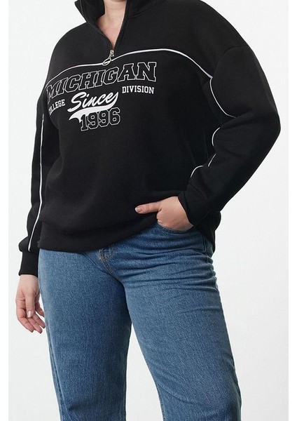 Kadın Büyük Beden Oversize Fermuarlı Yaka Düşük Kol Baskılı Geniş Kalın Polarlı Örme Sweatshirt fiyatları