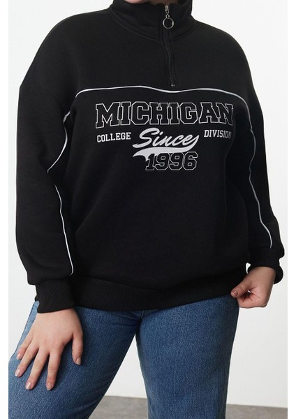 Kadın Büyük Beden Oversize Fermuarlı Yaka Düşük Kol Baskılı Geniş Kalın Polarlı Örme Sweatshirt modelleri