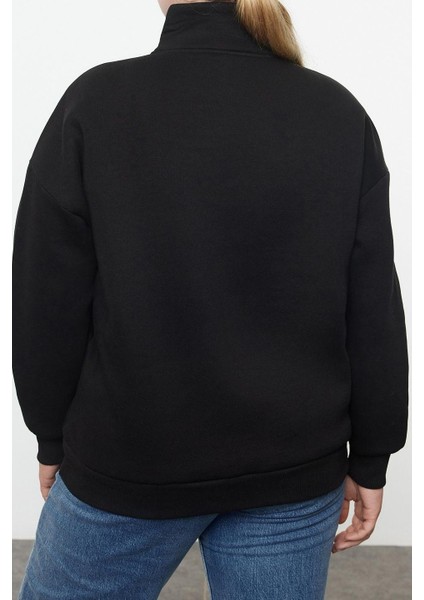 Kadın Büyük Beden Oversize Fermuarlı Yaka Düşük Kol Baskılı Geniş Kalın Polarlı Örme Sweatshirt indirimleri