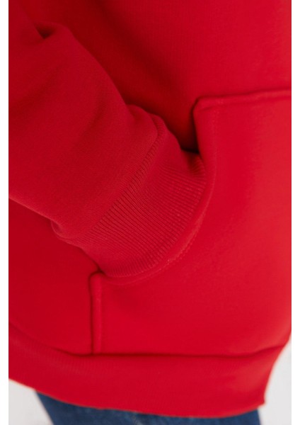 Kadın Oversize Kapüşonlu Düşük Kol Uzun Geniş Kalıp Fermuarlı Kalın Içi Polarlı Sweatshirt