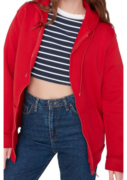 Kadın Oversize Kapüşonlu Düşük Kol Uzun Geniş Kalıp Fermuarlı Kalın Içi Polarlı Sweatshirt