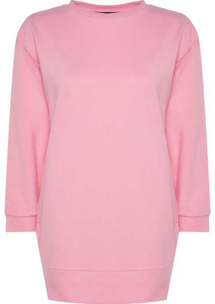 Kadın Büyük Beden Moda Şık Relaxed Bisiklet Yaka Düşük Kol Uzun Ince Yırtmaç Detaylı Örme Sweatshirt