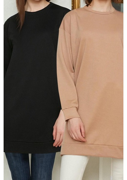 Kadın Tesettür Moda Şık Regular Bisiklet Yaka Düşük Kol Uzun 2li Paket Basic Örme Sweatshirt fiyatları