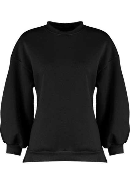 Kadın Oversize Bisiklet Yaka Düşük Kol Uzun Geniş Kalıp Yırtmaç Kalın Içi Polarlı Örme Sweatshirt