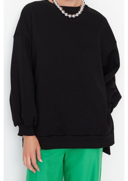 Kadın Oversize Bisiklet Yaka Düşük Kol Uzun Geniş Kalıp Yırtmaç Kalın Içi Polarlı Örme Sweatshirt