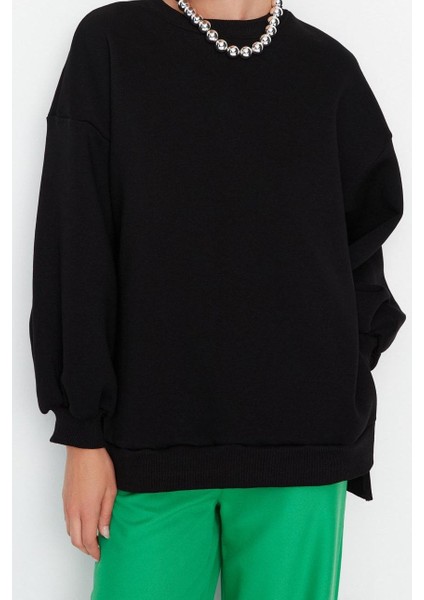 Kadın Oversize Bisiklet Yaka Düşük Kol Uzun Geniş Kalıp Yırtmaç Kalın Içi Polarlı Örme Sweatshirt