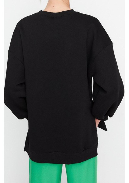 Kadın Oversize Bisiklet Yaka Düşük Kol Uzun Geniş Kalıp Yırtmaç Kalın Içi Polarlı Örme Sweatshirt