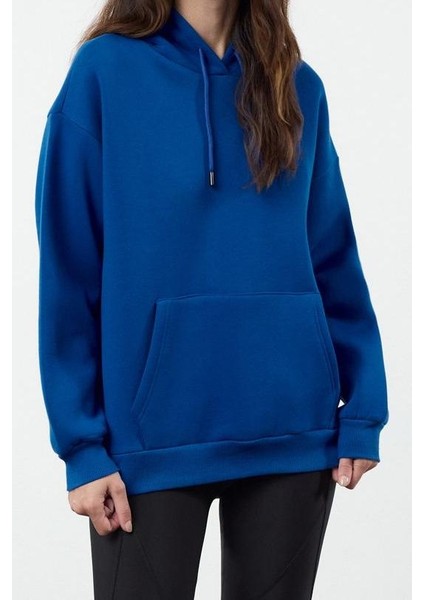 Kadın Moda Şık Oversize Kapüşonlu Düşük Kol Uzun Kalın Içi Polarlı Geniş Kalıp Basic Örme Sweatshirt