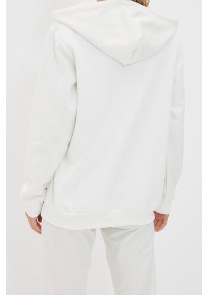Kadın Oversize Kapüşonlu Düşük Kol Uzun Geniş Kalıp Fermuarlı Kalın Içi Polarlı Sweatshirt