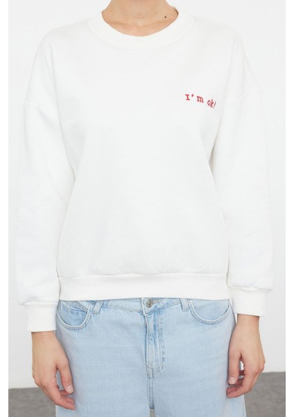 Kadın Bisiklet Yaka Düşük Kol Kalın Içi Polarlı Normal Kalıp Slogan Nakışlı Örme Sweatshirt
