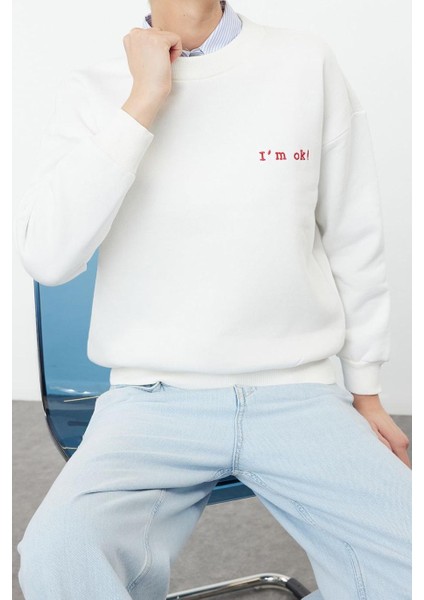 Kadın Bisiklet Yaka Düşük Kol Kalın Içi Polarlı Normal Kalıp Slogan Nakışlı Örme Sweatshirt fiyatları