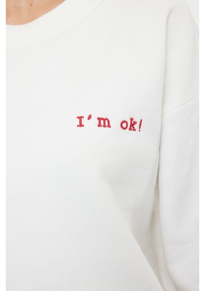 Kadın Bisiklet Yaka Düşük Kol Kalın Içi Polarlı Normal Kalıp Slogan Nakışlı Örme Sweatshirt fırsatları