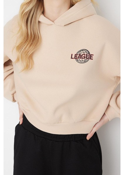 Kadın Moda Şık Relaxed Kapüşonlu Düşük Kol Crop Sırt Baskı Detaylı Kalın Içi Polarlı Örme Sweatshirt
