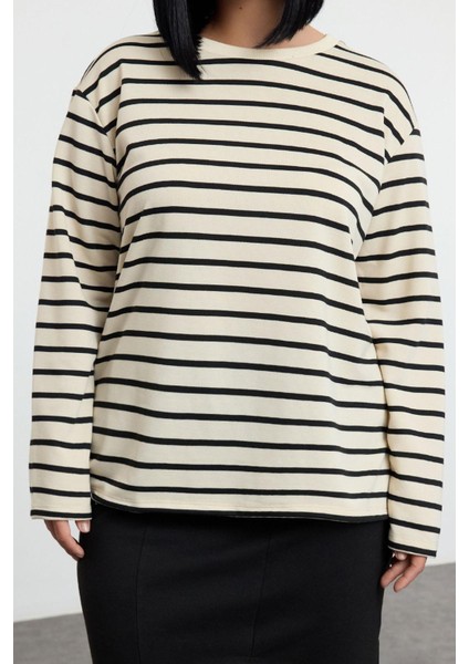 Kadın Büyük Beden Regular Bisiklet Yaka Standart Kol Regular Çizgili Normal Kalıp Örme Sweatshirt