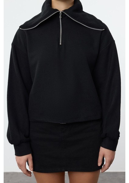 Kadın Relaxed Fermuarlı Yaka Standart Kol Selanik Triko Fermuarlı Yaka Normal Kalıp Örme Sweatshirt