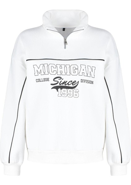 Kadın Bol Fermuarlı Yaka Düşük Kol Uzun Fermuarlı Baskılı Geniş Kalıp Kalın Polarlı Örme Sweatshirt