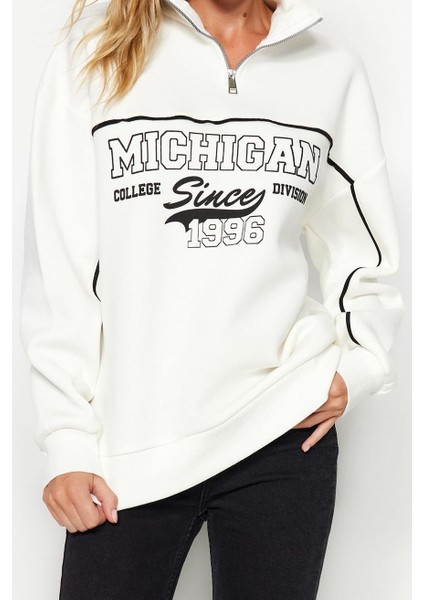 Kadın Bol Fermuarlı Yaka Düşük Kol Uzun Fermuarlı Baskılı Geniş Kalıp Kalın Polarlı Örme Sweatshirt fiyatları