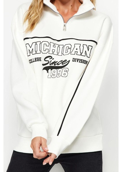Kadın Bol Fermuarlı Yaka Düşük Kol Uzun Fermuarlı Baskılı Geniş Kalıp Kalın Polarlı Örme Sweatshirt modelleri