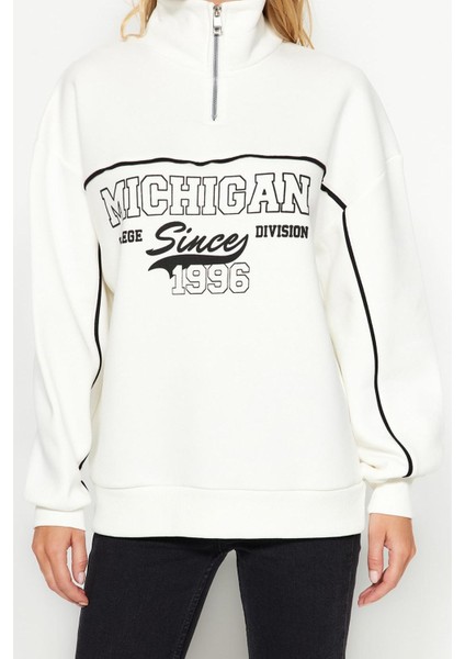 Kadın Bol Fermuarlı Yaka Düşük Kol Uzun Fermuarlı Baskılı Geniş Kalıp Kalın Polarlı Örme Sweatshirt indirimleri