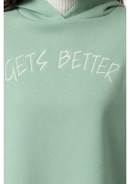 Kadın Moda Şık Relaxed Kapüşonlu Düşük Kol Uzun Kalın Içi Polarlı Triko Bant Detaylı Örme Sweatshirt