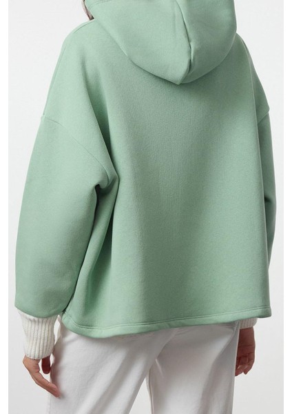Kadın Moda Şık Relaxed Kapüşonlu Düşük Kol Uzun Kalın Içi Polarlı Triko Bant Detaylı Örme Sweatshirt
