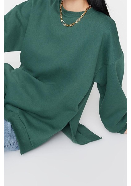 Kadın Oversize Bisiklet Yaka Düşük Kol Uzun Geniş Kalıp Yırtmaç Kalın Içi Polarlı Örme Sweatshirt