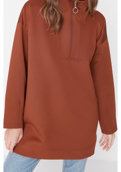 Kadın Tesettür Moda Regular Dik Yaka Düşük Kol Regular Fermuar Detaylı Dalgıç Scuba Örme Sweatshirt modelleri