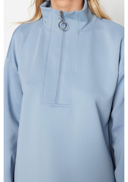 Kadın Tesettür Moda Regular Dik Yaka Düşük Kol Regular Fermuar Detaylı Dalgıç Scuba Örme Sweatshirt