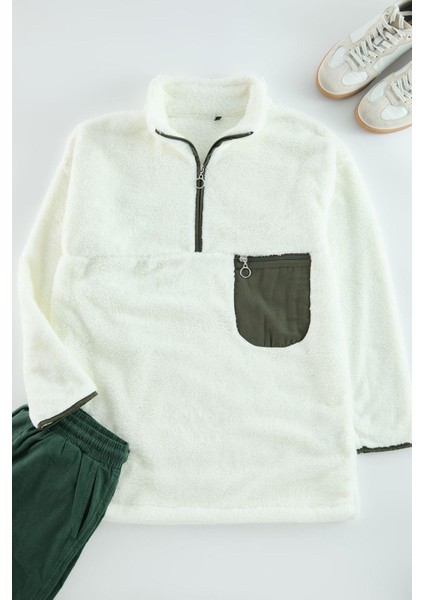 Kadın Tesettür Moda Şık Relaxed Dik Yaka Standart Kol Uzun Fermuar Yaka Cep Detaylı Peluş Sweatshirt